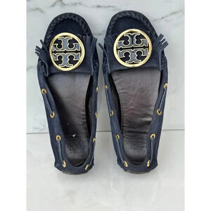 Tory Burch Alexandra Womens Suede Leather Fringe Moccasins Flat Shoes Navy Sz 5